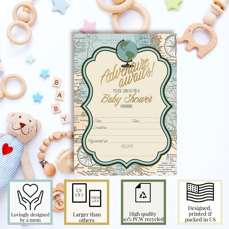 Amanda Creation Adventure Awaits World Traveler Gender Neutral Baby Shower Invitations, 20 5x7 Fill In Cards with Twenty White Envelopes by AmandaCreation - Image 3